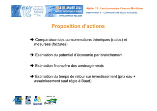 Atelier 11 : Les économies d’eau en Morbihan
                              Intervention 3 – Communes de BAUD et GUIDEL




          Proposition d’actions

Comparaison des consommations théoriques (ratios) et
mesurées (factures)

Estimation du potentiel d’économie par branchement

Estimation financière des aménagements

Estimation du temps de retour sur investissement (prix eau +
assainissement sauf régie à Baud)
 