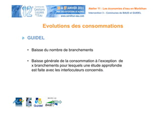 Atelier 11 : Les économies d’eau en Morbihan
                                 Intervention 3 – Communes de BAUD et GUIDEL




        Evolutions des consommations

GUIDEL

• Baisse du nombre de branchements

• Baisse générale de la consommation à l’exception de
  x branchements pour lesquels une étude approfondie
  est faite avec les interlocuteurs concernés.
 