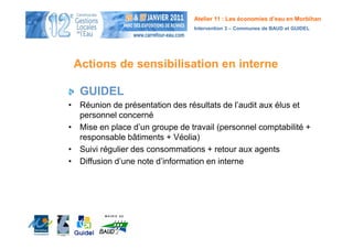 Atelier 11 : Les économies d’eau en Morbihan
                                 Intervention 3 – Communes de BAUD et GUIDEL




 Actions de sensibilisation en interne

  GUIDEL
• Réunion de présentation des résultats de l’audit aux élus et
  personnel concerné
• Mise en place d’un groupe de travail (personnel comptabilité +
  responsable bâtiments + Véolia)
• Suivi régulier des consommations + retour aux agents
• Diffusion d’une note d’information en interne
 
