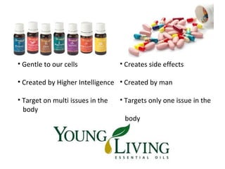 • Gentle to our cells 
• Created by Higher Intelligence 
• Target on multi issues in the 
body 
• Creates side effects 
• Created by man 
• Targets only one issue in the 
body 
 