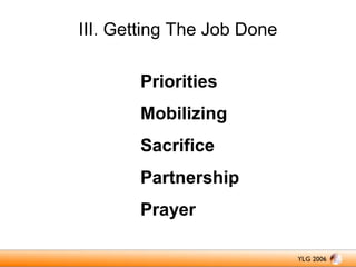 III. Getting The Job Done
Priorities
Mobilizing
Sacrifice
Partnership
Prayer

 