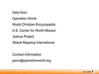Data from:
Operation World
World Christian Encyclopedia
U.S. Center for World Mission
Joshua Project
Global Mapping International

Contact Information:
jason@operationworld.org

 
