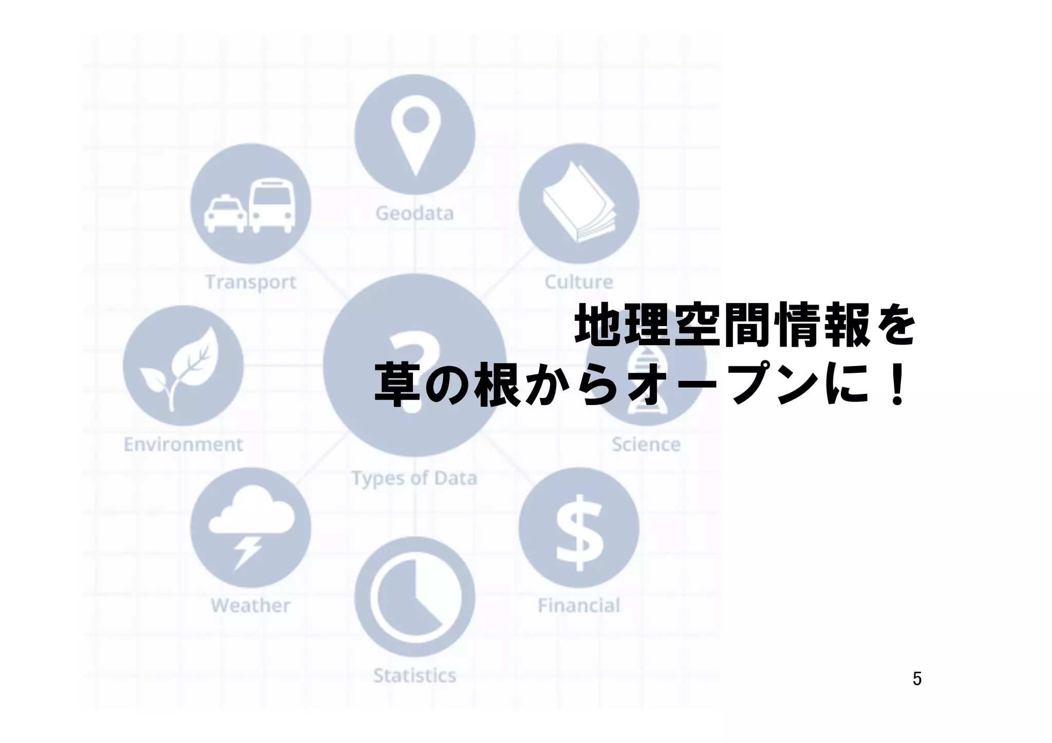 5	
地理空間情報を
草の根からオープンに！
 