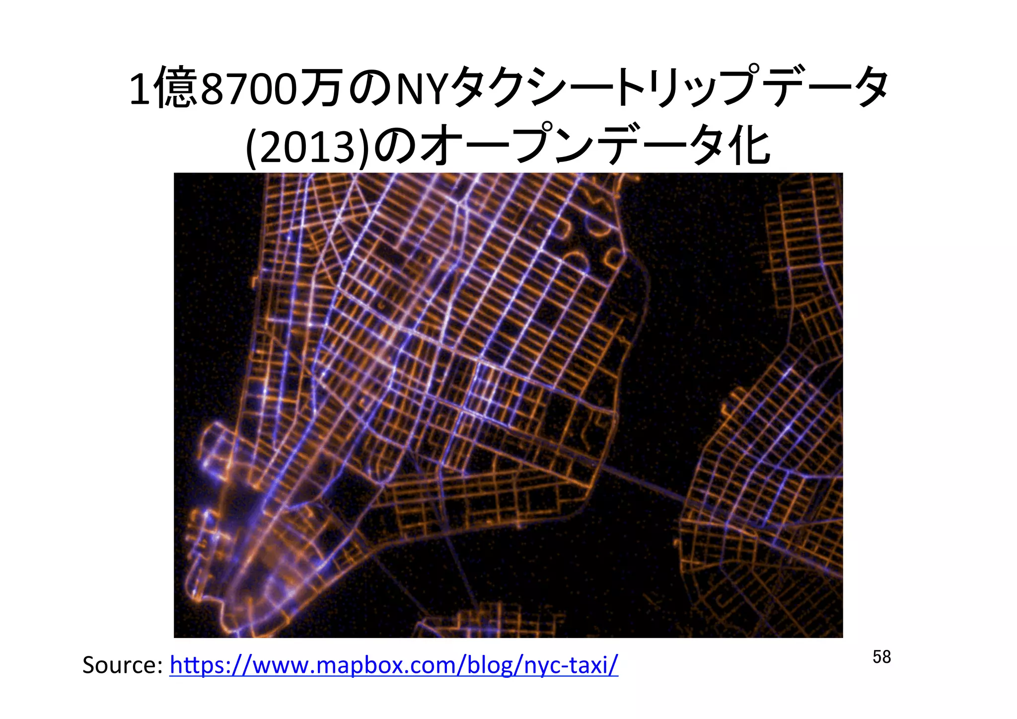 58	
Source:	
  h7ps://www.mapbox.com/blog/nyc-­‐taxi/	
  	
1億8700万のNYタクシートリップデータ
(2013)のオープンデータ化	
 