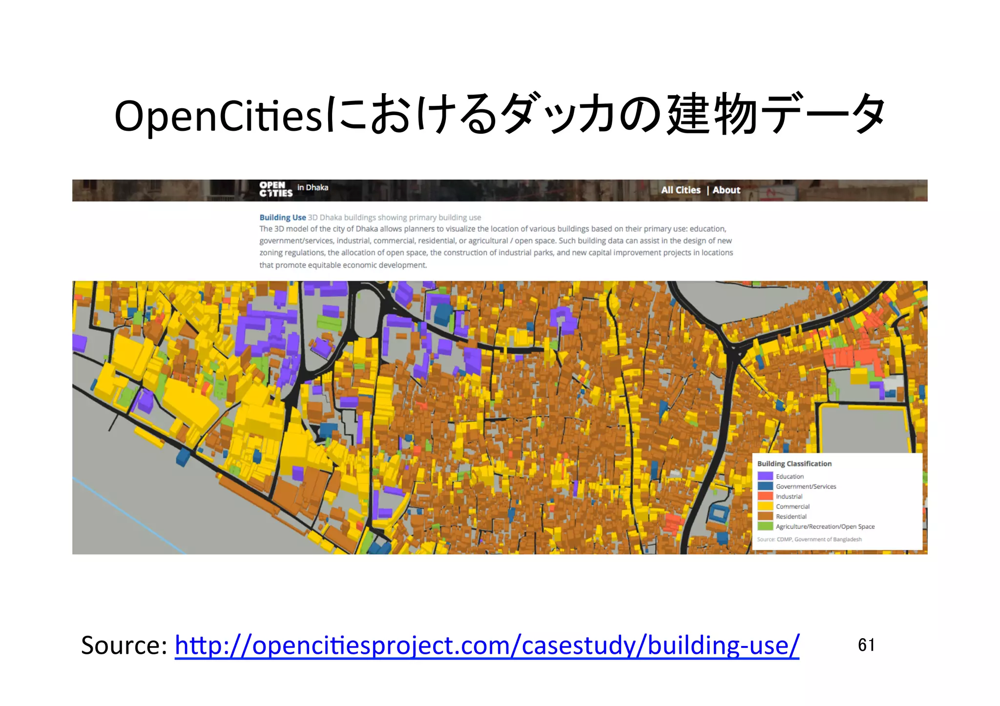 OpenCiHesにおけるダッカの建物データ	
61	
Source:	
  h7p://openciHesproject.com/casestudy/building-­‐use/	
  	
 