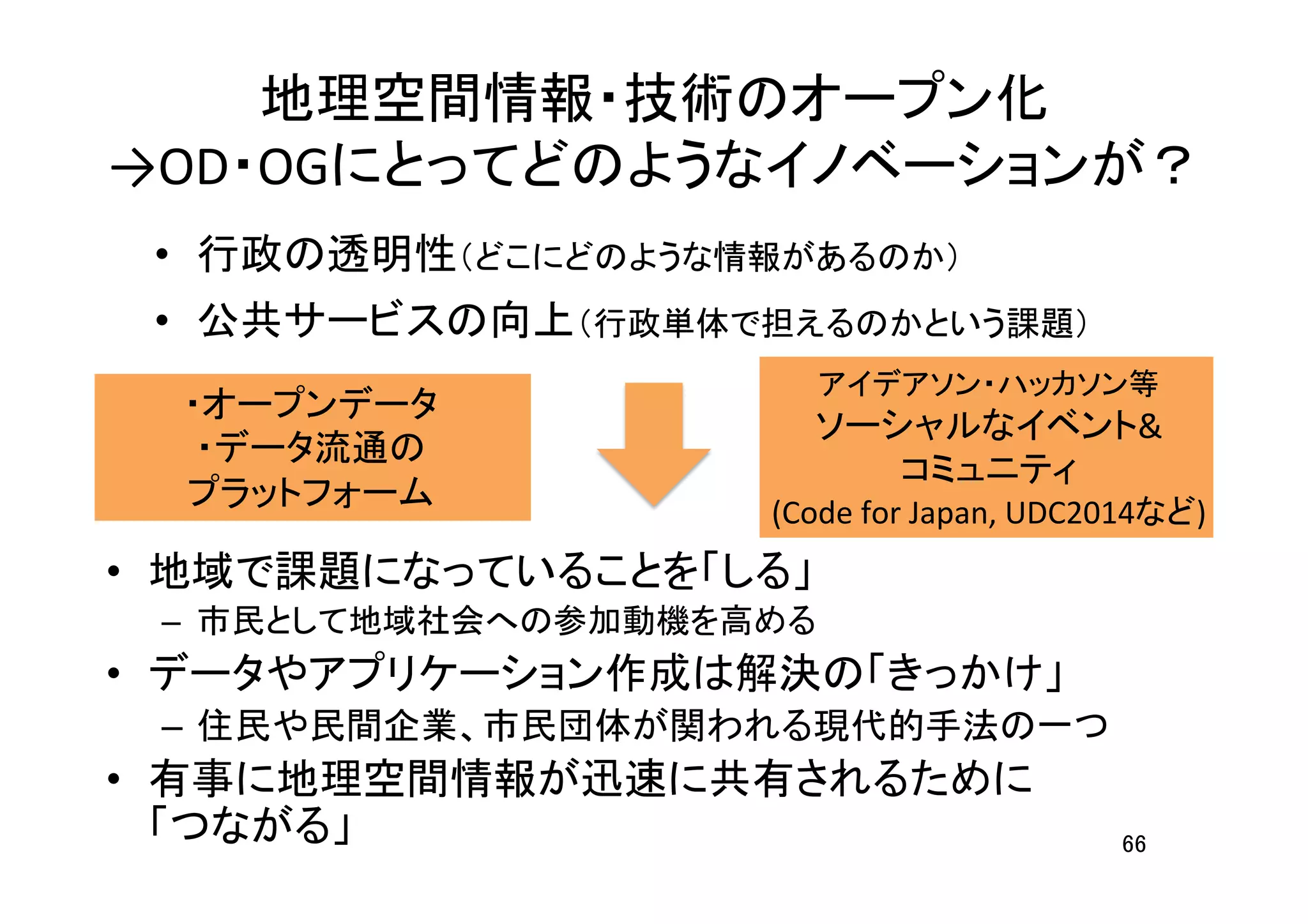 地理空間情報・技術のオープン化	
  
→OD・OGにとってどのようなイノベーションが？	
66	
•  行政の透明性（どこにどのような情報があるのか）	
  
•  公共サービスの向上（行政単体で担えるのかという課題）	
  
•  地域で課題になっていることを「しる」	
  
–  市民として地域社会への参加動機を高める	
  
•  データやアプリケーション作成は解決の「きっかけ」	
  
–  住民や民間企業、市民団体が関われる現代的手法の一つ	
  
•  有事に地理空間情報が迅速に共有されるために	
  
「つながる」	
  
アイデアソン・ハッカソン等	
  
ソーシャルなイベント&	
  
コミュニティ	
  
(Code	
  for	
  Japan,	
  UDC2014など)	
・オープンデータ	
  
・データ流通の	
  
プラットフォーム	
 