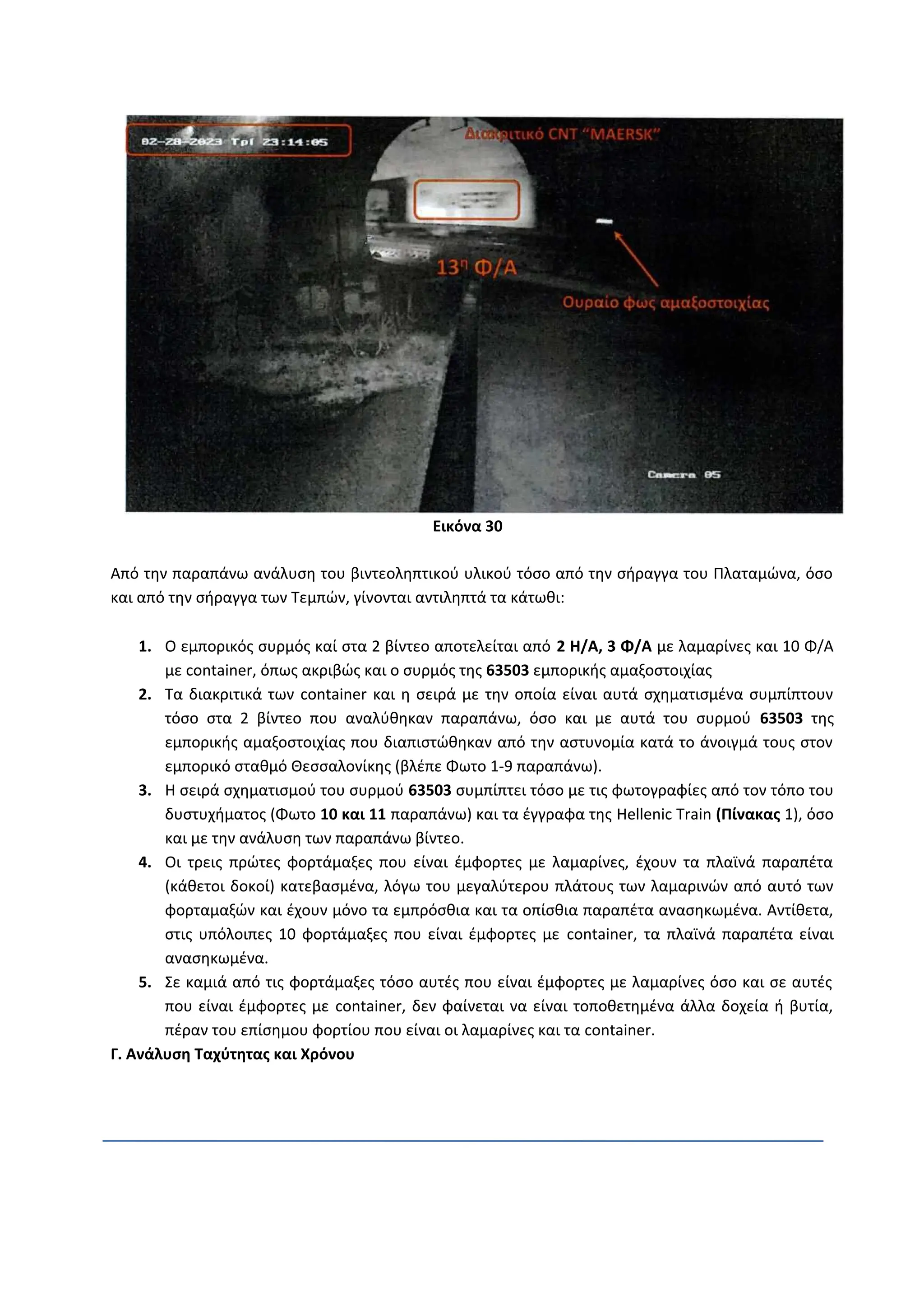 Εικόνα 30
Από την παραπάνω ανάλυση του βιντεοληπτικού υλικού τόσο από την σήραγγα του Πλαταμώνα, όσο
και από την σήραγγα των Τεμπών, γίνονται αντιληπτά τα κάτωθι:
1. Ο εμπορικός συρμός καί στα 2 βίντεο αποτελείται από 2 Η/Α, 3 Φ/Α με λαμαρίνες και 10 Φ/Α
με container, όπως ακριβώς και ο συρμός της 63503 εμπορικής αμαξοστοιχίας
2. Τα διακριτικά των container και η σειρά με την οποία είναι αυτά σχηματισμένα συμπίπτουν
τόσο στα 2 βίντεο που αναλύθηκαν παραπάνω, όσο και με αυτά του συρμού 63503 της
εμπορικής αμαξοστοιχίας που διαπιστώθηκαν από την αστυνομία κατά το άνοιγμά τους στον
εμπορικό σταθμό Θεσσαλονίκης (βλέπε Φωτο 1-9 παραπάνω).
3. Η σειρά σχηματισμού του συρμού 63503 συμπίπτει τόσο με τις φωτογραφίες από τον τόπο του
δυστυχήματος (Φωτο 10 και 11 παραπάνω) και τα έγγραφα της Hellenic Train (Πίνακας 1), όσο
και με την ανάλυση των παραπάνω βίντεο.
4. Οι τρεις πρώτες φορτάμαξες που είναι έμφορτες με λαμαρίνες, έχουν τα πλαϊνά παραπέτα
(κάθετοι δοκοί) κατεβασμένα, λόγω του μεγαλύτερου πλάτους των λαμαρινών από αυτό των
φορταμαξών και έχουν μόνο τα εμπρόσθια και τα οπίσθια παραπέτα ανασηκωμένα. Αντίθετα,
στις υπόλοιπες 10 φορτάμαξες που είναι έμφορτες με container, τα πλαϊνά παραπέτα είναι
ανασηκωμένα.
5. Σε καμιά από τις φορτάμαξες τόσο αυτές που είναι έμφορτες με λαμαρίνες όσο και σε αυτές
που είναι έμφορτες με container, δεν φαίνεται να είναι τοποθετημένα άλλα δοχεία ή βυτία,
πέραν του επίσημου φορτίου που είναι οι λαμαρίνες και τα container.
Γ. Ανάλυση Ταχύτητας και Χρόνου
 