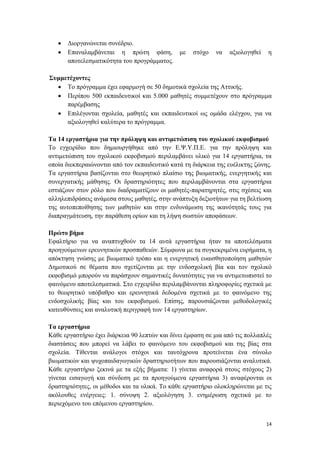 14
 Διοργανώνεται συνέδριο.
 Επαναλαμβάνεται η πρώτη φάση, με στόχο να αξιολογηθεί η
αποτελεσματικότητα του προγράμματος.
Συμμετέχοντες
 Το πρόγραμμα έχει εφαρμογή σε 50 δημοτικά σχολεία της Αττικής.
 Περίπου 500 εκπαιδευτικοί και 5.000 μαθητές συμμετέχουν στο πρόγραμμα
παρέμβασης
 Επιλέγονται σχολεία, μαθητές και εκπαιδευτικοί ως ομάδα ελέγχου, για να
αξιολογηθεί καλύτερα το πρόγραμμα.
Τα 14 εργαστήρια για την πρόληψη και αντιμετώπιση του σχολικού εκφοβισμού
Το εγχειρίδιο που δημιουργήθηκε από την Ε.Ψ.Υ.Π.Ε. για την πρόληψη και
αντιμετώπιση του σχολικού εκφοβισμού περιλαμβάνει υλικό για 14 εργαστήρια, τα
οποία διεκπεραιώνονται από τον εκπαιδευτικό κατά τη διάρκεια της ευέλικτης ζώνης.
Τα εργαστήρια βασίζονται στο θεωρητικό πλαίσιο της βιωματικής, ενεργητικής και
συνεργατικής μάθησης. Οι δραστηριότητες που περιλαμβάνονται στα εργαστήρια
εστιάζουν στον ρόλο που διαδραματίζουν οι μαθητές-παρατηρητές, στις σχέσεις και
αλληλεπιδράσεις ανάμεσα στους μαθητές, στην ανάπτυξη δεξιοτήτων για τη βελτίωση
της αυτοπεποίθησης των μαθητών και στην ενδυνάμωση της ικανότητάς τους για
διαπραγμάτευση, την παράθεση ορίων και τη λήψη σωστών αποφάσεων.
Πρώτο βήμα
Εφαλτήριο για να αναπτυχθούν τα 14 αυτά εργαστήρια ήταν τα αποτελέσματα
προηγούμενων ερευνητικών προσπαθειών. Σύμφωνα με τα συγκεκριμένα ευρήματα, η
απόκτηση γνώσης με βιωματικό τρόπο και η ενεργητική ευαισθητοποίηση μαθητών
Δημοτικού σε θέματα που σχετίζονται με την ενδοσχολική βία και τον σχολικό
εκφοβισμό μπορούν να παράσχουν σημαντικές δυνατότητες για να αντιμετωπιστεί το
φαινόμενο αποτελεσματικά. Στο εγχειρίδιο περιλαμβάνονται πληροφορίες σχετικά με
το θεωρητικό υπόβαθρο και ερευνητικά δεδομένα σχετικά με το φαινόμενο της
ενδοσχολικής βίας και του εκφοβισμού. Επίσης, παρουσιάζονται μεθοδολογικές
κατευθύνσεις και αναλυτική περιγραφή των 14 εργαστηρίων.
Τα εργαστήρια
Κάθε εργαστήριο έχει διάρκεια 90 λεπτών και δίνει έμφαση σε μια από τις πολλαπλές
διαστάσεις που μπορεί να λάβει το φαινόμενο του εκφοβισμού και της βίας στα
σχολεία. Τίθενται ανάλογοι στόχοι και ταυτόχρονα προτείνεται ένα σύνολο
βιωματικών και ψυχοπαιδαγωγικών δραστηριοτήτων που παρουσιάζονται αναλυτικά.
Κάθε εργαστήριο ξεκινά με τα εξής βήματα: 1) γίνεται αναφορά στους στόχους 2)
γίνεται εισαγωγή και σύνδεση με τα προηγούμενα εργαστήρια 3) αναφέρονται οι
δραστηριότητες, οι μέθοδοι και τα υλικά. Το κάθε εργαστήριο ολοκληρώνεται με τις
ακόλουθες ενέργειες: 1. σύνοψη 2. αξιολόγηση 3. ενημέρωση σχετικά με το
περιεχόμενο του επόμενου εργαστηρίου.
 