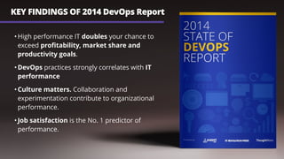 KEY FINDINGS OF 2014 DevOps Report
•High performance IT doubles your chance to
exceed proﬁtability, market share and
productivity goals.
•DevOps practices strongly correlates with IT
performance
•Culture matters. Collaboration and
experimentation contribute to organizational
performance.
•Job satisfaction is the No. 1 predictor of
performance.
 
