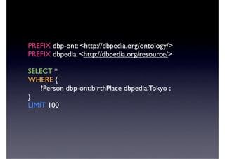PREFIX dbp-ont: <http://dbpedia.org/ontology/>
PREFIX dbpedia: <http://dbpedia.org/resource/>

SELECT *
WHERE {
    ?Person dbp-ont:birthPlace dbpedia:Tokyo ;
}
LIMIT 100
 