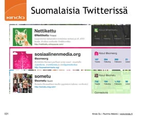Suomalaisia Twitterissä




101                 Kinda Oy | Pauliina Mäkelä | www.kinda.fi
 