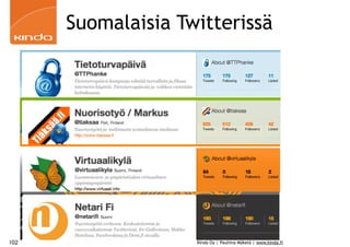 Suomalaisia Twitterissä




102                 Kinda Oy | Pauliina Mäkelä | www.kinda.fi
 