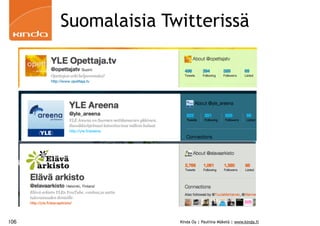Suomalaisia Twitterissä




106                 Kinda Oy | Pauliina Mäkelä | www.kinda.fi
 