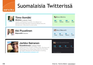 Suomalaisia Twitterissä




108                 Kinda Oy | Pauliina Mäkelä | www.kinda.fi
 