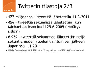 Twitterin tilastoja 2/3
     •177 miljoonaa - tweettiä lähetettiin 11.3.2011
     •456 - tweettiä sekunnissa lähetettiin, kun
      Michael Jackson kuoli 25.6.2009 (ennätys
      silloin)
     •6 939 - tweettiä sekunnissa lähetettiin neljä
      sekuntia uuden vuoden vaihtumisen jälkeen
      Japanissa 1.1.2011
     • Lähde: Twitter blogi 14.3.2011 http://blog.twitter.com/2011/03/numbers.html




11                                                  Kinda Oy | Pauliina Mäkelä | www.kinda.fi
 