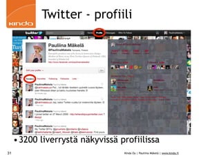 Twitter - profiili




     •3200 liverrystä näkyvissä profiilissa
31                               Kinda Oy | Pauliina Mäkelä | www.kinda.fi
 