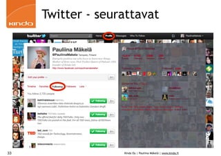 Twitter - seurattavat




33                 Kinda Oy | Pauliina Mäkelä | www.kinda.fi
 