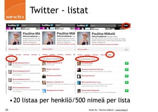 Twitter - listat




     •20 listaa per henkilö/500 nimeä per lista
35                              Kinda Oy | Pauliina Mäkelä | www.kinda.fi
 