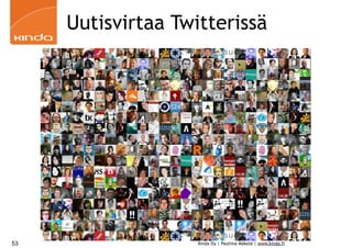 Uutisvirtaa Twitterissä




53                  Kinda Oy | Pauliina Mäkelä | www.kinda.fi
 
