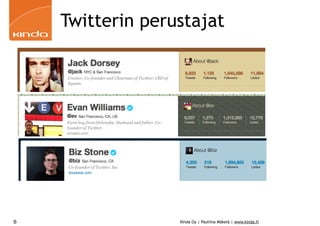 Twitterin perustajat




6                 Kinda Oy | Pauliina Mäkelä | www.kinda.fi
 