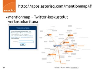 http://apps.asterisq.com/mentionmap/#

     •mentionmap – Twitter-keskustelut
      verkostokarttana




84                            Kinda Oy | Pauliina Mäkelä | www.kinda.fi
 