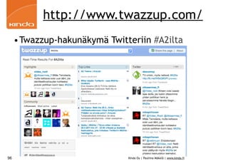 http://www.twazzup.com/
     •Twazzup-hakunäkymä Twitteriin #A2ilta




96                            Kinda Oy | Pauliina Mäkelä | www.kinda.fi
 