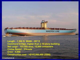 Length - 1,302 ft; Width - 207 ft Command bridge: higher than a 10-story building Net cargo - 123,200 tons; 15,000 containers  Cruise Speed - 31knots Crew : 5,000 Construction cost : >$145,000,000 (2006) 