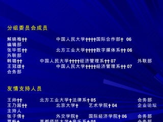分组委员会成员 解晓梅   中国人民大学    国际合作部   06          编辑部 张毕哲   北方工业大学    数字媒体系   06          外联部 韩璐   中国人民大学    经济管理系   07          外联部 王冠雄  中国人民大学    经济管理系   07          会务部   友情支持人员 王帅   北方工业大学  法律系  05           会务部 王乃超   北京大学  艺术学院  04           企业论坛主持人 张子倩  外交学院  国际经济学院  06  会务部 粟畅  首都师范大学  音乐系  05          会务部 王伟男  中国人民大学  新闻系  06           记者部 