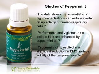 Studies of Peppermint
“The data shows that essential oils in
high concentrations can reduce in-vitro
ciliary activity of human respiratory
cells.”¹
“Performance and vigilance on a
tedious task are enhanced by
peppermint oil.”²
“Peppermint oil…resulted in a
significant reduction in EMG surface
activity of the temporal muscle.”³
 
