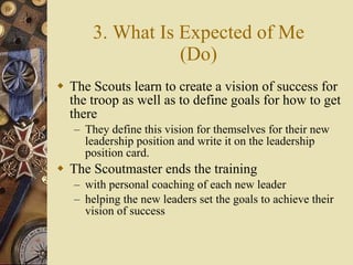 3. What Is Expected of Me (Do) The Scouts learn to create a vision of success for the troop as well as to define goals for how to get there They define this vision for themselves for their new leadership position and write it on the leadership position card. The Scoutmaster ends the training with personal coaching of each new leader helping the new leaders set the goals to achieve their vision of success 