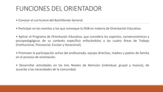 FUNCIONES DEL ORIENTADOR
• Conocer el currículum del Bachillerato General.
• Participar en los eventos a los que convoque la DGB en materia de Orientación Educativa.
• Aplicar el Programa de Orientación Educativa, que considera los aspectos, socioeconómicos y
psicopedagógicos de su contexto específico enfocándolas a las cuatro Áreas de Trabajo
(Institucional, Psicosocial, Escolar y Vocacional).
• Promover la participación activa del profesorado, equipo directivo, madres y padres de familia
en el proceso de orientación.
• Desarrollar actividades en los tres Niveles de Atención (individual, grupal y masivo), de
acuerdo a las necesidades de la comunidad.
 