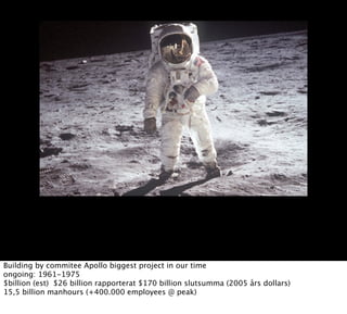 Building by commitee Apollo biggest project in our time
ongoing: 1961-1975
$billion (est)  $26 billion rapporterat $170 billion slutsumma (2005 års dollars)
15,5 billion manhours (+400.000 employees @ peak)
 