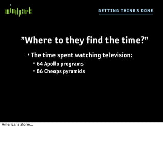 G E TT I NG TH IN GS DO NE




           ”Where to they find the time?”
              • The time spent watching television:
                 • 64 Apollo programs
                 • 86 Cheops pyramids




Americans alone...
 