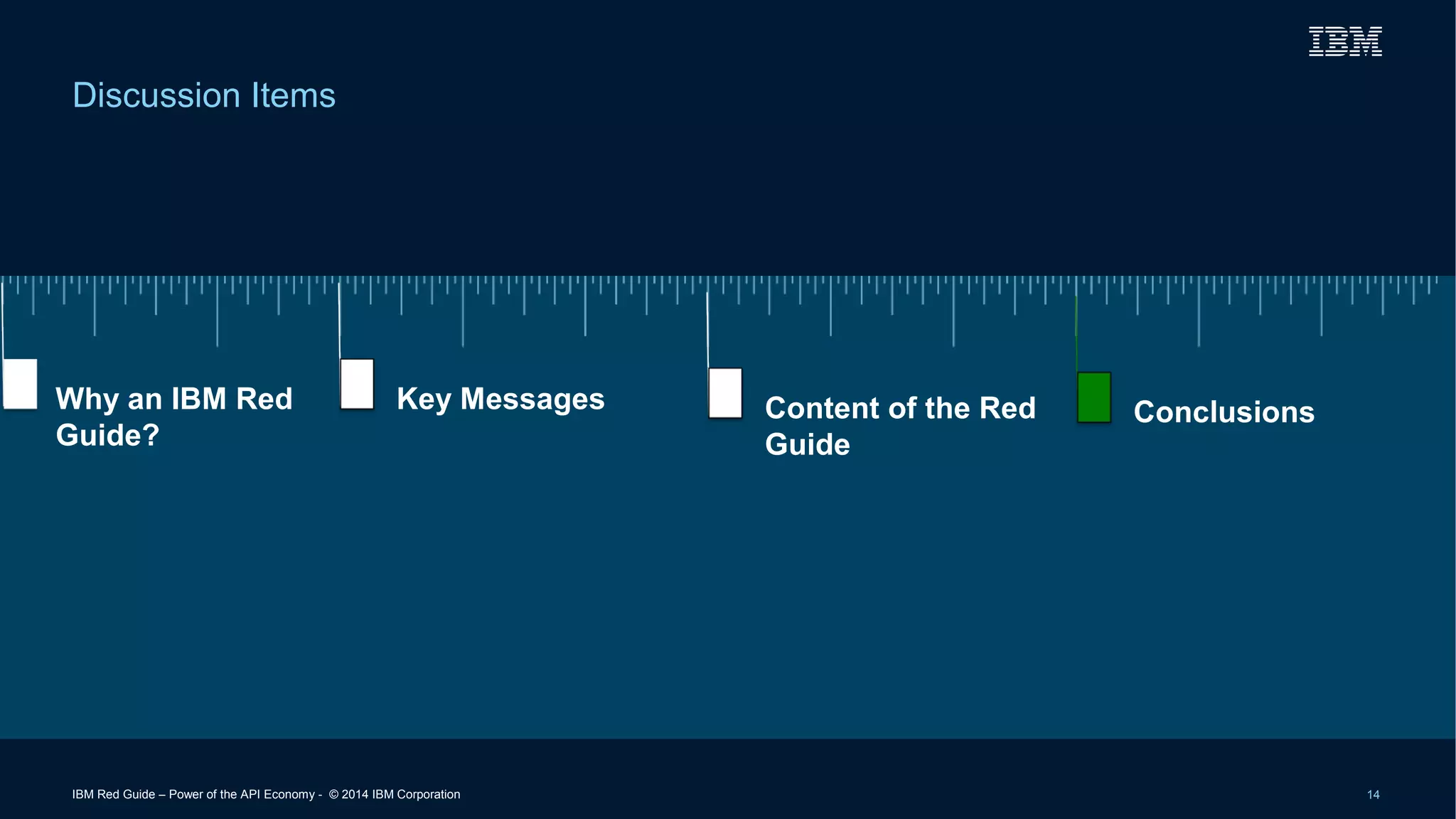 Discussion Items 
Why an IBM Red 
Guide? 
Key Messages Content of the Red 
Guide 
Conclusions 
IBM Red Guide – Power of the API Economy - © 2014 IBM Corporation 14 
 