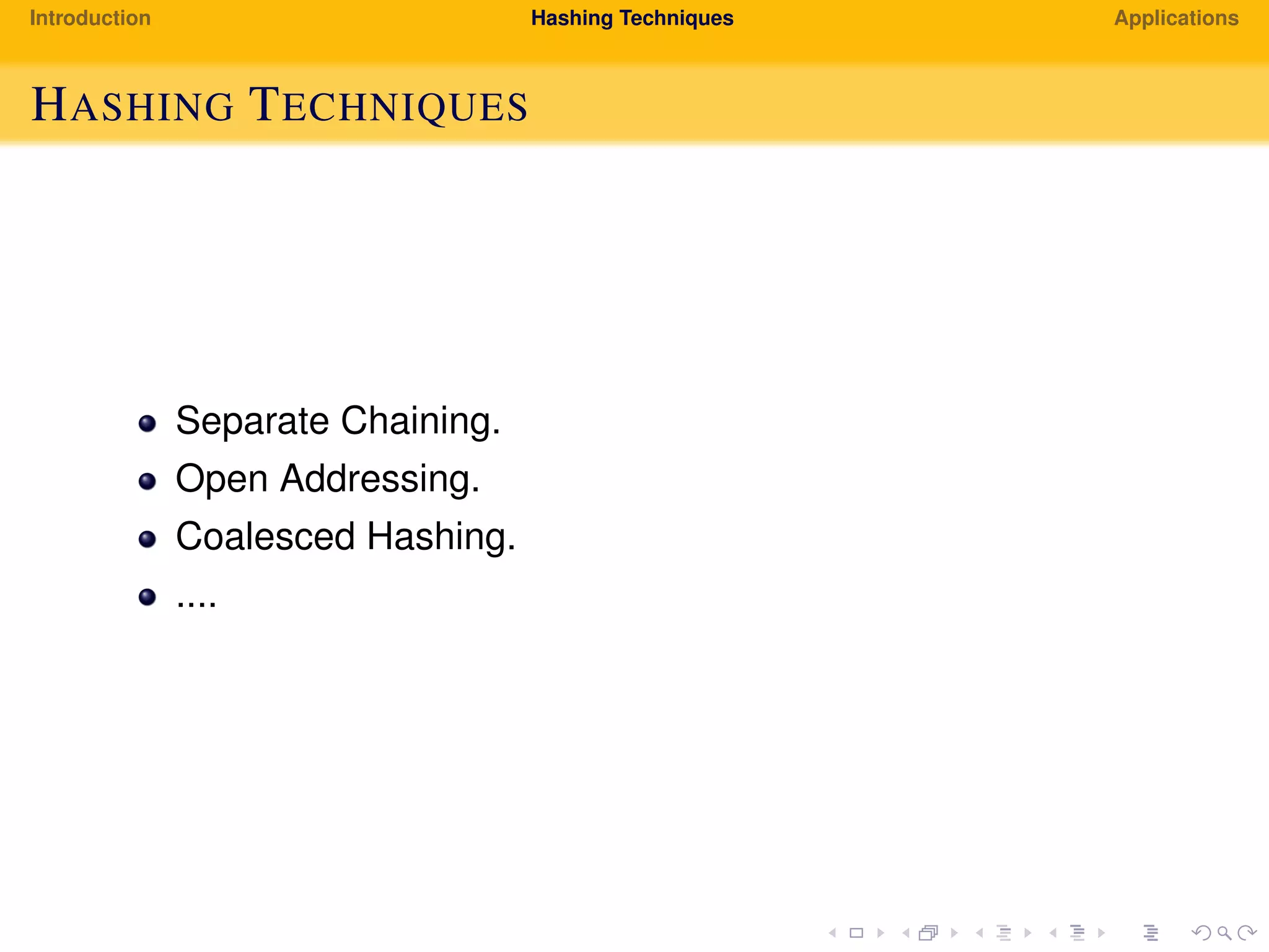 Introduction Hashing Techniques Applications
HASHING TECHNIQUES
Separate Chaining.
Open Addressing.
Coalesced Hashing.
....
 