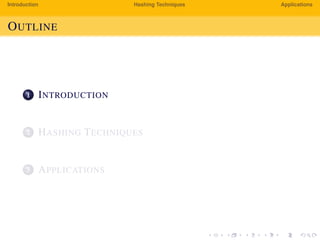 Introduction Hashing Techniques Applications
OUTLINE
1 INTRODUCTION
2 HASHING TECHNIQUES
3 APPLICATIONS
 