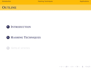 Introduction Hashing Techniques Applications
OUTLINE
1 INTRODUCTION
2 HASHING TECHNIQUES
3 APPLICATIONS
 