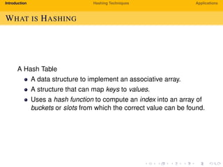 Introduction Hashing Techniques Applications
WHAT IS HASHING
A Hash Table
A data structure to implement an associative array.
A structure that can map keys to values.
Uses a hash function to compute an index into an array of
buckets or slots from which the correct value can be found.
 