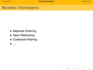 Introduction Hashing Techniques Applications
HASHING TECHNIQUES
Separate Chaining.
Open Addressing.
Coalesced Hashing.
....
 