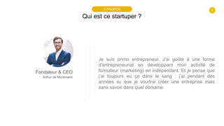 2
Qui est ce startuper ?
À PROPOS
Fondateur & CEO
Arthur de Montmarin
Je suis primo entrepreneur. J’ai goûté à une forme
d...