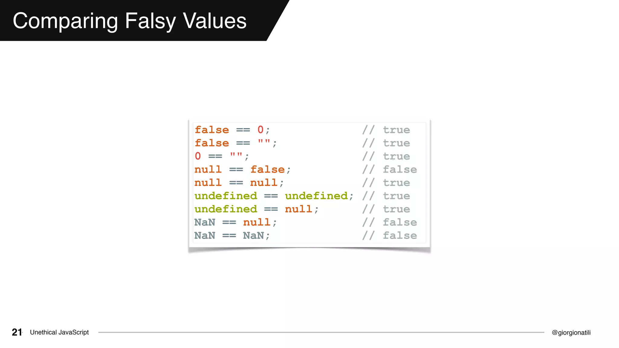 @giorgionatiliUnethical JavaScript21
Comparing Falsy Values
false == 0; // true
false == ""; // true
0 == ""; // true
null == false; // false
null == null; // true
undefined == undefined; // true
undefined == null; // true
NaN == null; // false
NaN == NaN; // false
 