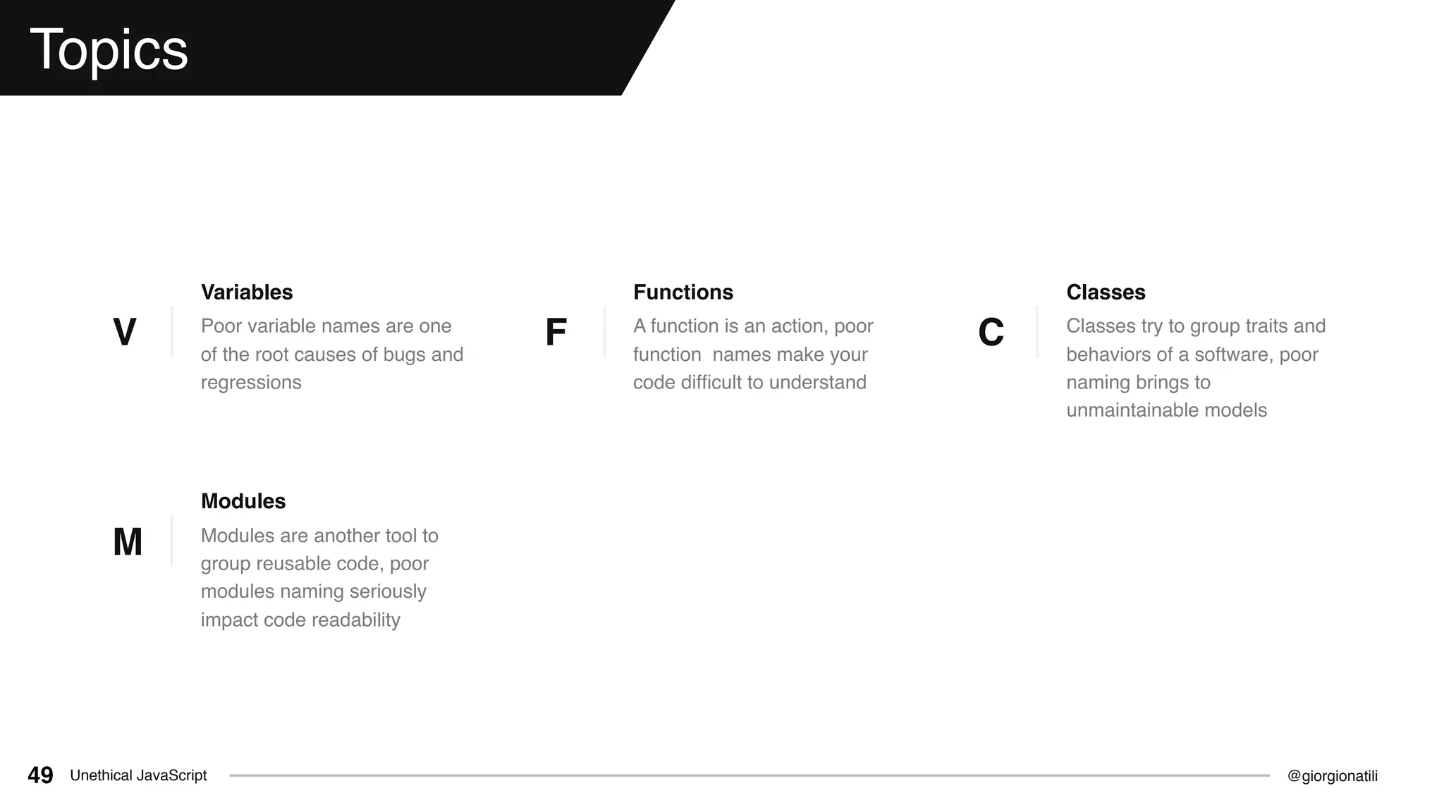 @giorgionatiliUnethical JavaScript49
Topics
Poor variable names are one
of the root causes of bugs and
regressions
Variables
V A function is an action, poor
function names make your
code difﬁcult to understand
Functions
F Classes try to group traits and
behaviors of a software, poor
naming brings to
unmaintainable models
Classes
C
Modules are another tool to
group reusable code, poor
modules naming seriously
impact code readability
Modules
M
 