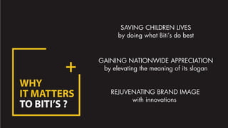 WHY
IT MATTERS
TO BITI’S ?
+
SAVING CHILDREN LIVES
by doing what Biti’s do best
GAINING NATIONWIDE APPRECIATION
by elevating the meaning of its slogan
REJUVENATING BRAND IMAGE
with innovations
 
