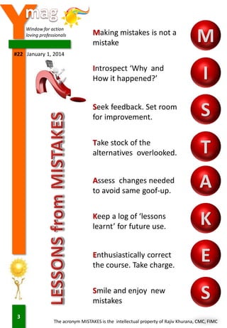 Y

Window for action
loving professionals

Making mistakes is not a
mistake

M

#22 January 1, 2014

Introspect ‘Why and
How it happened?’
Seek feedback. Set room
for improvement.

S

Take stock of the
alternatives overlooked.

T

Assess changes needed
to avoid same goof-up.

A

Keep a log of ‘lessons
learnt’ for future use.

K

Enthusiastically correct
the course. Take charge.

E

Smile and enjoy new
mistakes
3

I

S

The acronym MISTAKES is the intellectual property of Rajiv Khurana, CMC, FIMC

 