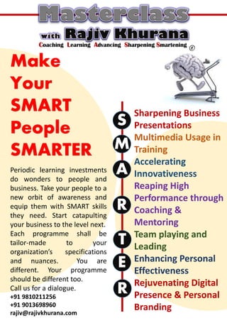 Y#50 May 1, 2016
Window for action loving
PROFESSIONALS
©Coaching Learning Advancing Sharpening Smartening
Make
Your
SMART
People
SMARTER
Periodic learning investments
do wonders to people and
business. Take your people to a
new orbit of awareness and
equip them with SMART skills
they need. Start catapulting
your business to the level next.
Each programme shall be
tailor-made to your
organization’s specifications
and nuances. You are
different. Your programme
should be different too.
Call us for a dialogue.
+91 9810211256
+91 9013698960
rajiv@rajivkhurana.com
Sharpening Business
Presentations
Multimedia Usage in
Training
Accelerating
Innovativeness
Reaping High
Performance through
Coaching &
Mentoring
Team playing and
Leading
Enhancing Personal
Effectiveness
Rejuvenating Digital
Presence & Personal
Branding
S
M
A
R
T
E
R
 