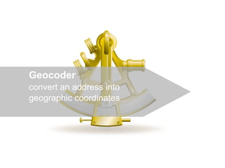 Geocoder
convert an address into
geographic coordinates
 