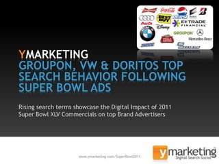 YMARKETING
GROUPON, VW & DORITOS TOP
SEARCH BEHAVIOR FOLLOWING
SUPER BOWL ADS
Rising search terms showcase the Digital Impact of 2011
Super Bowl XLV Commercials on top Brand Advertisers




                     www.ymarketing.com/SuperBowl2011     1
 