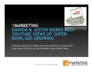 Chrysler, Best Buy & Pepsi use music talent to sustain their
Super Bowl XLV Ads via Social Media Video Video Views




                      www.ymarketing.com/SuperBowl2011         1
 
