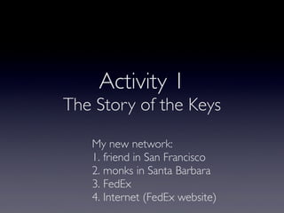 Activity 1
The Story of the Keys
     My new network:
     1. friend in San Francisco
     2. monks in Santa Barbara
     ...