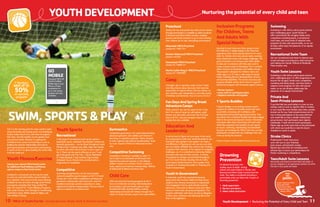 10 YMCA of South Florida Serving Broward, Miami-Dade  Monroe Counties
Preschool
Quality full-day and partial-day child care for infants
through preschoolers is available at select locations
in Broward and Miami-Dade counties, enabling
parents and family members to go to work knowing
their children are in safe, stimulating environments.
AllapattahYMCAPreschool
License #C11MD1791
GreaterHollywoodYMCAPreschool
License # 45450
HomesteadYMCAPreschool
License #C11MD0137
MartinLutherKingJr.YMCAPreschool
License #C11MDO985
Camp
Overnight, day or specialty camps at the Y share
one thing: they’re about discovery. Kids have the
opportunity to explore nature, find new talents, try
new activities, gain independence, and make lasting
friendships and memories. And, of course, it’s fun!
FunDaysAndSpringBreak
AdventureCamps
When school is out, the fun starts at the Y. Join
the Y for a day of camp fun with games, youth
fitness, arts and crafts, and more. Our Fun Days
have it all. Pre- and post-program supervised
activity time also available.
EducationAnd
Leadership
It can be hard to figure out your place in the world.
As a young person with your whole life ahead of you,
having the right guidance and support can make a
real difference in figuring out who you are and what
you can achieve. Whether kids come to the Y looking
to explore their interests, or for support in navigating
challenges, our Y is committed to nurturing children
and teens and roots for their success. A variety
of programs for all ages can be found throughout
our Ys in South Florida, including: Arts  Crafts;
Youth Dance; Performing Arts; Teen Leaders Club,
Counselor-in-Training and Leader-in-Training; and
Youth in Government;
YouthInGovernment
A statewide, youth-led, experiential learning
opportunity that involves middle and high school
students who immerse themselves in experiential
civic engagement and to, quite literally, practice
democracy. They meet to debate issues that affect
citizens in their state and propose legislation. The
program culminates with teens serving as delegates
at their state conference and debating bills on the
floor of the legislature
InclusionPrograms
ForChildren,Teens
AndAdultsWith
SpecialNeeds
Learning to read, tying your shoe, going on your
first field trip or simply making a new friend are
experiences that create lasting memories for every
child. For children who have special needs, reaching
these milestones comes with unique challenges. The
goal of inclusion is to increase each child’s ability
to take part in activities with their peers and to
create a mutual sense of belonging. The Y currently
offers inclusion at elementary and middle schools.
The program is designed for children, teens and
adults ages 3 to 22 with a wide range of special
needs, including physical, developmental, sensory
and learning disabilities. The service structure and
program schedule closely mirror that of a typical Y
afterschool program with increased support such as:
•Shortersessions
•Lowerstaff-to-participantratios
•Adaptivematerialsandsupplies
YSportsBuddies
Y Sports Buddies is an exciting, inclusive sports
program for children of all ability levels that teach
social skills, increasing self-confidence, skill
development and promoting physical activity. They
are paired with a volunteer (buddy) that helps engage
them in the activity during each session. Volunteers
and players alike enjoy interacting with each other
while they experience the benefits of such sports
as soccer, swimming, cheerleading and basketball.
Sessions are facilitated by YMCA staff that can help
participants and deal with any challenges that may
come up during the sessions.
*Inclusion Programs currently available in Broward County only
GO
MOBILE
Download YMCA OF
SOUTH FLORIDA
Mobile App on your
iPhone or Droid
smartphone for
up-to-the-minute
program and class
schedules.
NurturingthepotentialofeverychildandteenYOUTHDEVELOPMENT
SWIM,SPORTSPLAY
The Y is the starting point for many youth to learn
about becoming and staying active, and developing
healthy habits they’ll carry with them throughout
their lives. And the benefits are far greater than
just physical health. Whether it’s gaining the
confidence that comes from learning to swim or
building the positive relationships that lead to
good sportsmanship and teamwork, participating
in sports at the Y is about building the whole child,
from the inside out.
YouthFitness/Exercise
StopbyyournearestYMCAFamilyCenter
foradditionalYouthWellnessandFitness
optionsuniquetothatFamilyCenter.
Looking for a structured, yet fun way for youth
to work-out and build healthy exercise habits to
last a lifetime? Then check out the many offerings
available for kids and teens through youth fitness
and exercise including: Kids Yoga Zumba®
for
Kids; YFit and Kid Fit – Youth Wellness Programs;
Kids Cardio Fitness; Teen Strength  Conditioning;
Youth Boot Camp; Athlete Speed  Agility; and
Teen Athletic Training.
YouthSports
Recreational
A full range of recreational youth sports options –
basketball, soccer, volleyball, flag football, martial arts,
baseball, gymnastics – can be found throughout South
Florida at the Y. Improve your skills, make new friends,
be active with other kids and learn to love a sport at
the Y. Check out the sports offerings at your Y and
get in the game with Tiny Tots - Soccer, Basketball
 T-Ball; Baseball; T-ball; Softball; Flag Football;
Volleyball; Soccer; Martial Arts; and Gymnastics –
Progressive  Competitive
Competitive
Swimming and gymnastics are the most popular
national competitive sports leagues at the Y. In South
Florida, the Y also offers competitive swimming and
gymnastics, helping kids value hard work, reach for
excellence and enjoy spirited competition in state,
regional and national championships. Find out what it
takes to compete at an intense level.
Gymnastics
Competitive gymnastics is for youth demonstrating
advanced gymnastic skill, abilities and interest in
becoming a competitive gymnast. Teams compete
in state, regional and national championships. Team
try-outs required. Offered at Hollywood location
only.
CompetitiveSwimming
Competitive swimming is available at select Ys
and is able to accommodate all skill levels from
beginner/recreational swimmer to the Olympic
athlete. Coaches are certified. Teams compete in
state, regional and national championships. Offered
at Hollywood  Weston locations only.
ChildCare
Child care and early learning programs at the Y
focus on holistically nurturing child development
by providing a safe and healthy place to learn
foundational skills, develop healthy, trusting
relationships and build self-reliance through the Y
values of caring, honesty, respect and responsibility.
Swimming
Swimming is a life skill as well as great exercise
and a challenging sport. South Florida Ys
offer swim lessons (for all ages), family swim,
competitive swimming teams, a recreational
swim team, and many kinds of adaptive swim
programs for kids with special needs, so we can
all enjoy safely enjoy the pleasures of an aquatic
environment.
RecreationalSwimTeam
Join our recreational swim team to improve your
stroke technique and endurance while having fun
and making new friends. Offered at Pembroke
Pines location only.
YouthSwimLessons
Swimming is a life skill as well as great exercise
and a challenging sport. Ys offer progressive swim
lessons (for all ages), family swim, competitive
swimming and diving teams, and many kinds of
adaptive swim programs for kids with special
needs, so we can all enjoy safely enjoy the
pleasures of an aquatic environment.
PrivateAnd
Semi-PrivateLessons
If you feel that you work better in a one-on-one
setting, want to work on specific skills or strokes,
or you would like more flexible class times, private
lessons are for you. Semi-private lessons are for
two to three participants at the same skill level
who would like to have a smaller setting than
group lessons. Each participant must register
individually. Y staff will not match participants.
Please sign up at the same time as the participant
with whom you would like to take the lesson.
Available for youth or adults.
StrokeClinics
Professional Y Swim Instructors
work with you on your freestyle,
back, breast, and butterfly strokes.
Receive tips and tricks for swimming more
efficient laps to boost your performance for
fitness swimming or competitions.
Teen/AdultSwimLessons
We provide swim lessons for both teens and adults. If
you are a beginner or an experienced swimmer we will fit
the class to your goals and needs.
Drowning
Prevention
Accidental drowning is the
leading cause of death among
infants and small children in Florida, and
Broward and Miami-Dade Counties lead the
state. The reality is accidental drowning is
preventable when you follow the 3 layers of
drowning prevention:
1. Adultsupervision
2. Barriersandalarms
3. Watersafetyinstruction
Visit
our
pools:
Greater Hollywood YMCA
Homestead YMCA
North Pointe YMCA
Pembroke Pines YMCA
Weston YMCA
YouthDevelopment • Nurturing the Potential of Every Child and Teen 11
Y Members
SAVEUPTO
50%on specialty
programs
 